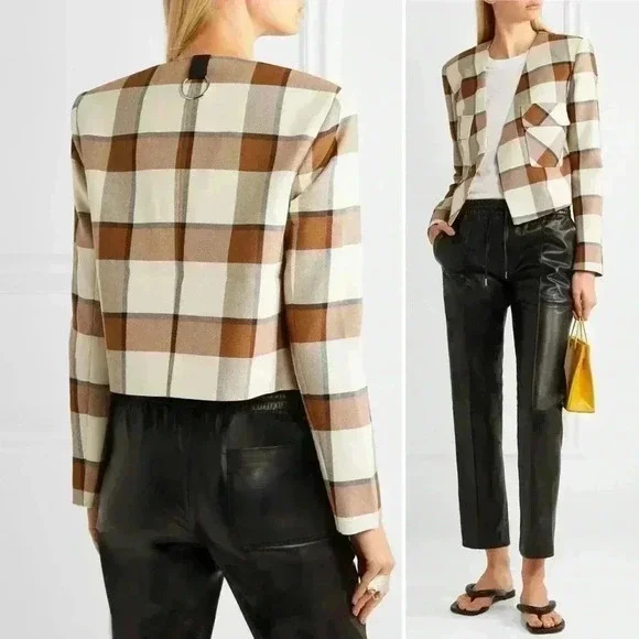 Tibi Dylan Plaid Cream Cropped Jacket Blazer in Ivory Camel Size 12 - Picture 4 of 16